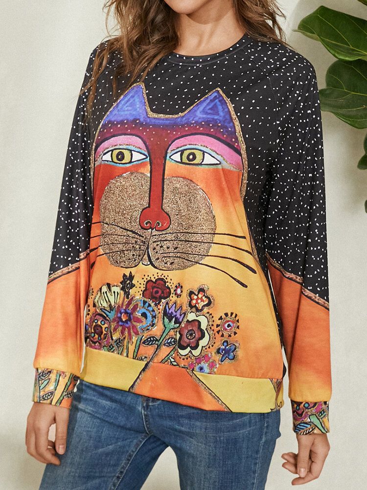 Kobiety Cartoon Cat Spot Print Okrągły Dekolt Casual Raglanowe Bluzki Z Rękawami