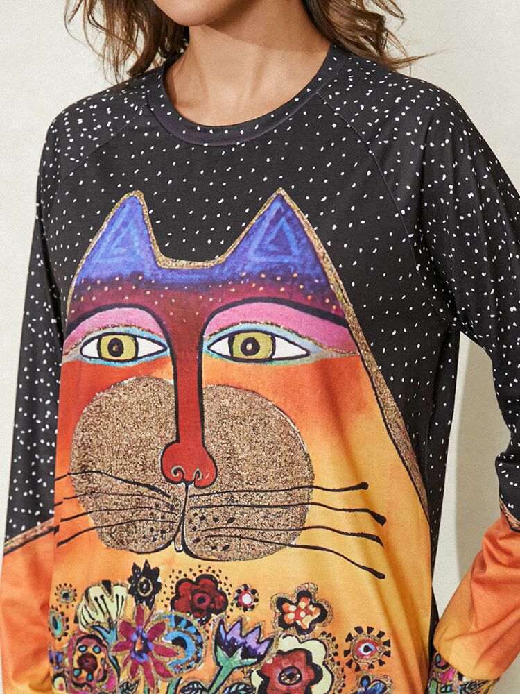 Kobiety Cartoon Cat Spot Print Okrągły Dekolt Casual Raglanowe Bluzki Z Rękawami