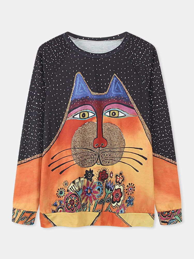 Kobiety Cartoon Cat Spot Print Okrągły Dekolt Casual Raglanowe Bluzki Z Rękawami