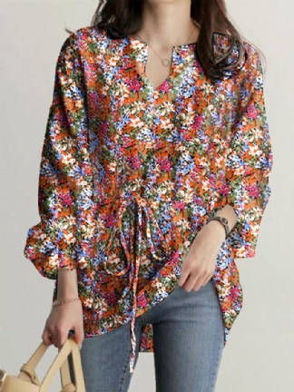 Kobiety Floral Printed Flare Sleeve Elastyczny Mankiet Sznurek W Talii Koszule Na Co Dzień