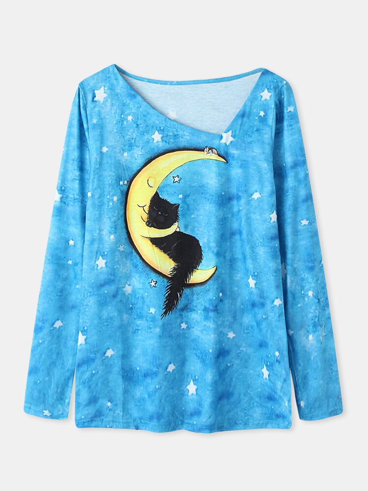 Kobiety Kot Kreskówkowy Starry Sky Print Asymetryczny Dekolt Casual Bluzki Z Długim Rękawem