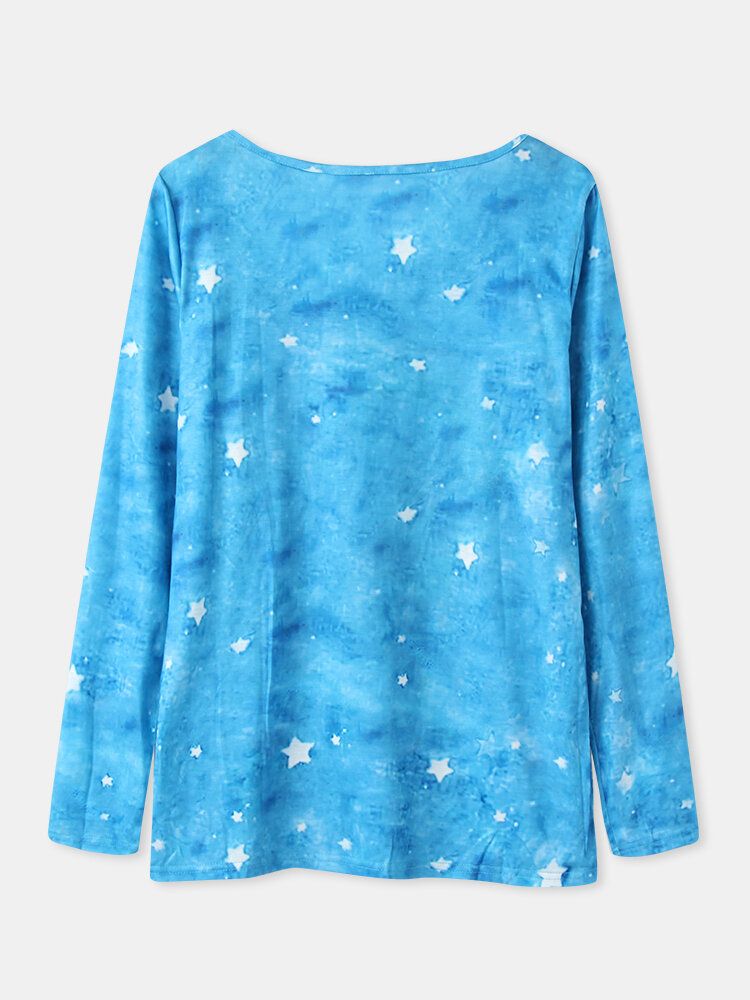 Kobiety Kot Kreskówkowy Starry Sky Print Asymetryczny Dekolt Casual Bluzki Z Długim Rękawem