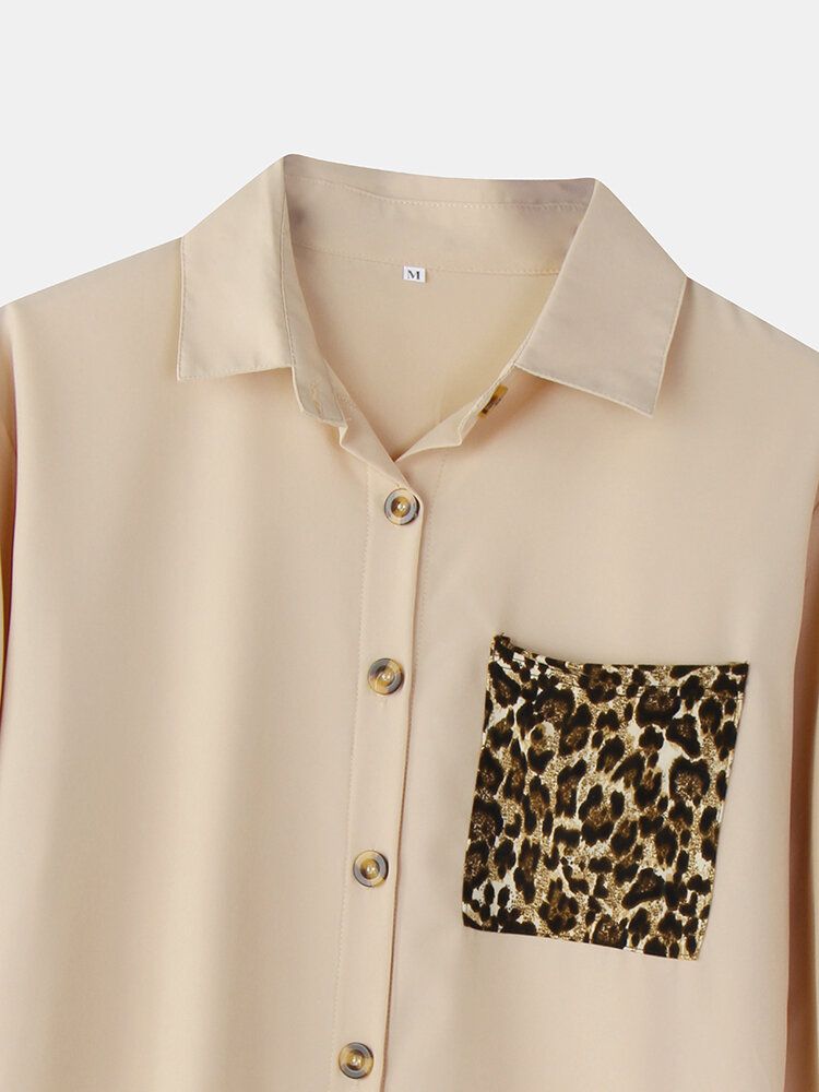 Kobiety Leopard Patchwork Pocket Laprl Casual Shirt Z Długim Rękawem