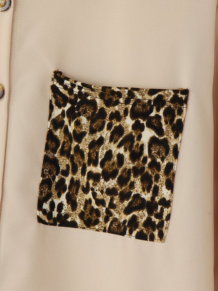 Kobiety Leopard Patchwork Pocket Laprl Casual Shirt Z Długim Rękawem