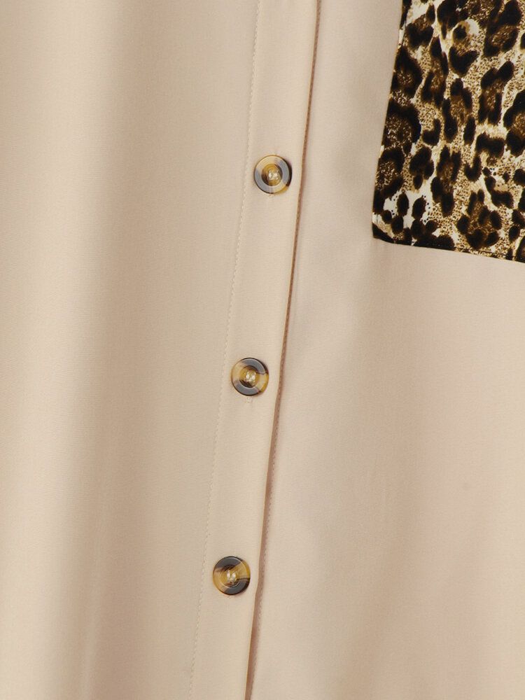 Kobiety Leopard Patchwork Pocket Laprl Casual Shirt Z Długim Rękawem