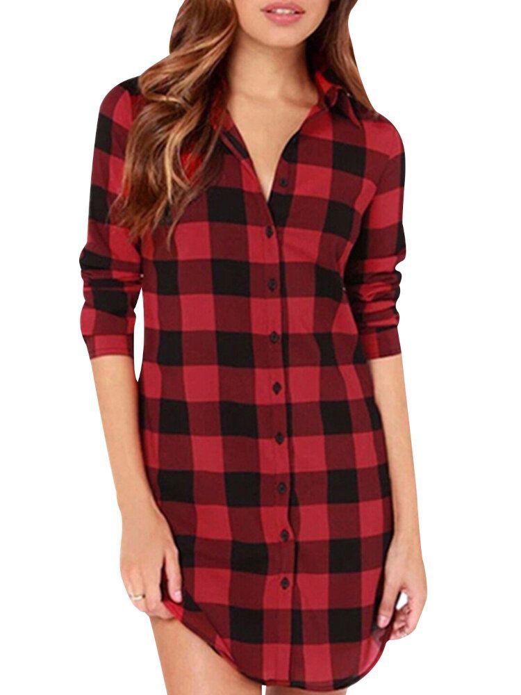 Kobiety Plaid Casual Loose Fit Prosta Koszula Z Długim Rękawem