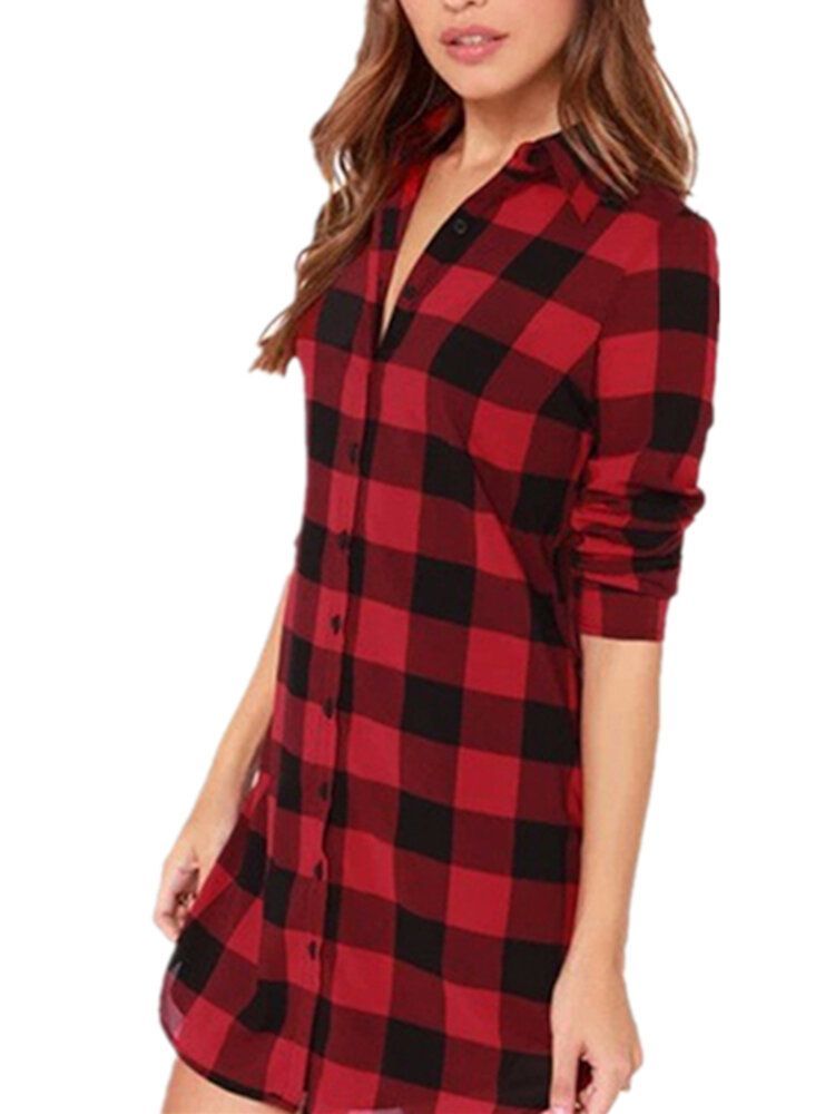 Kobiety Plaid Casual Loose Fit Prosta Koszula Z Długim Rękawem