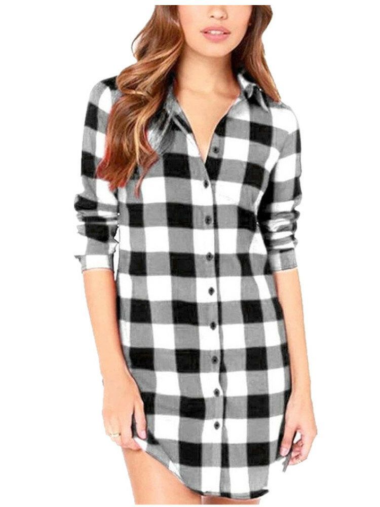 Kobiety Plaid Casual Loose Fit Prosta Koszula Z Długim Rękawem