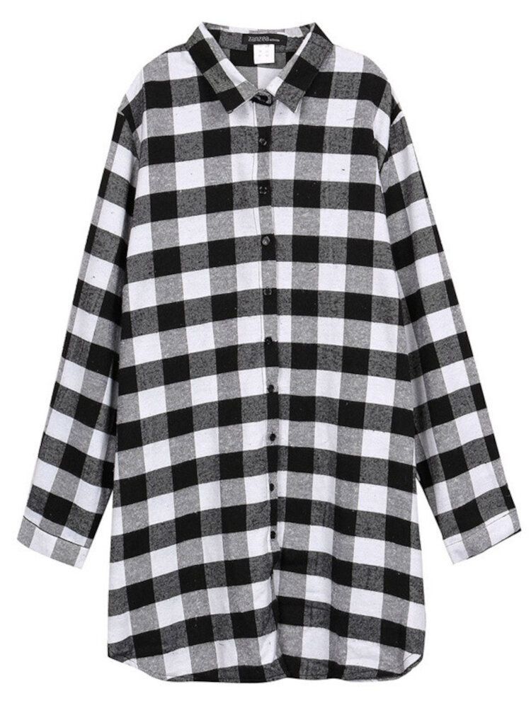 Kobiety Plaid Casual Loose Fit Prosta Koszula Z Długim Rękawem