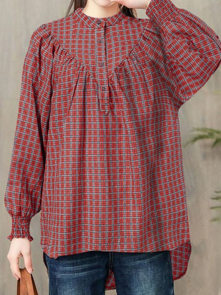 Kobiety Plaid Printed O-neck Guzik Elastyczne Mankiety Casual Bluzki