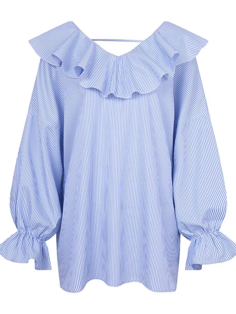 Kobiety Ruffled Collared Striped Nieregularne Zakładki Łączone Elastyczne Mankiety Casual Shirts