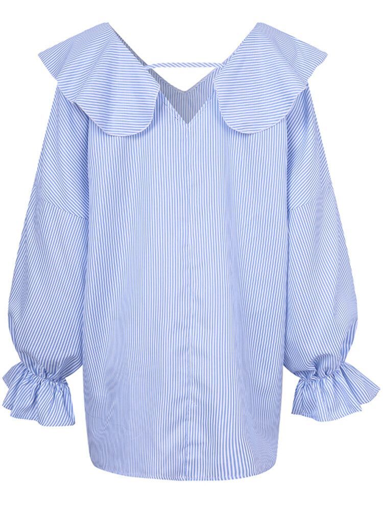 Kobiety Ruffled Collared Striped Nieregularne Zakładki Łączone Elastyczne Mankiety Casual Shirts