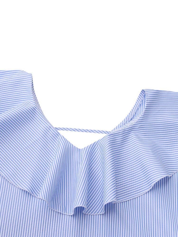 Kobiety Ruffled Collared Striped Nieregularne Zakładki Łączone Elastyczne Mankiety Casual Shirts