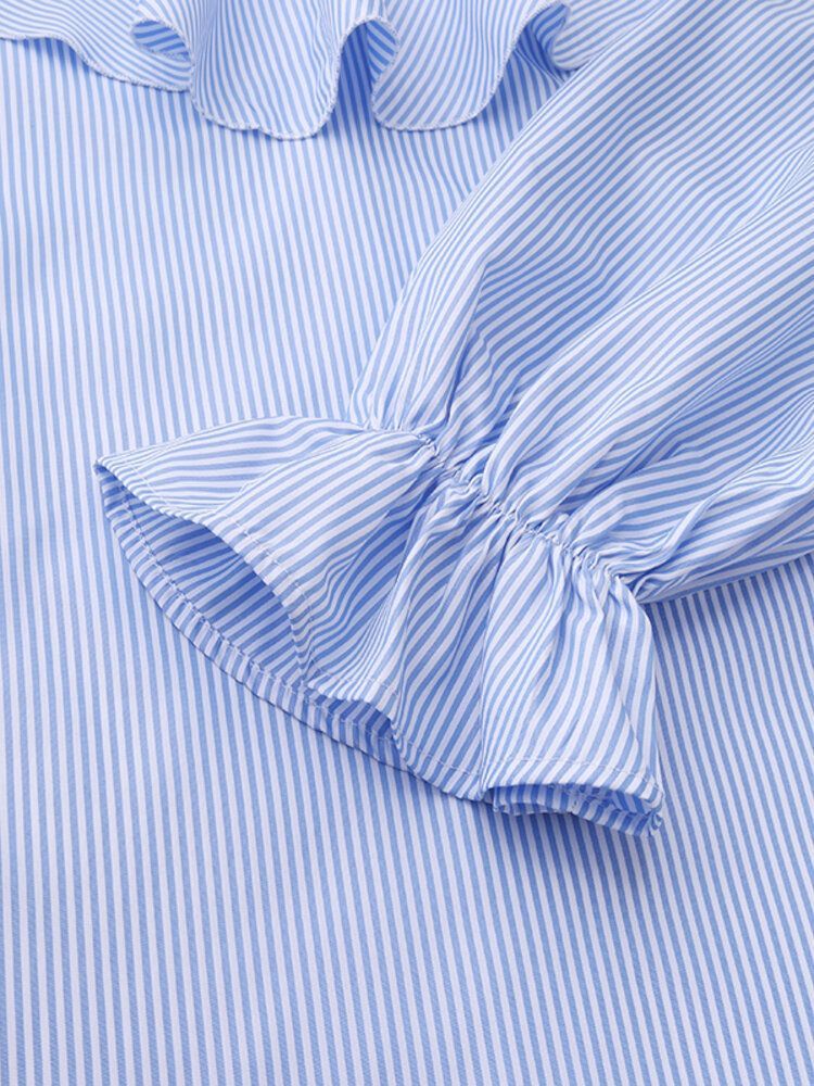 Kobiety Ruffled Collared Striped Nieregularne Zakładki Łączone Elastyczne Mankiety Casual Shirts