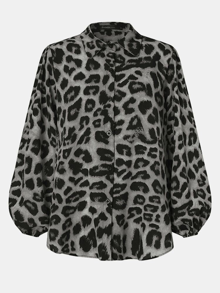 Leopard Print Lantern Sleeve Lapel Button Stylowa Casualowa Bluzka Dla Kobiet