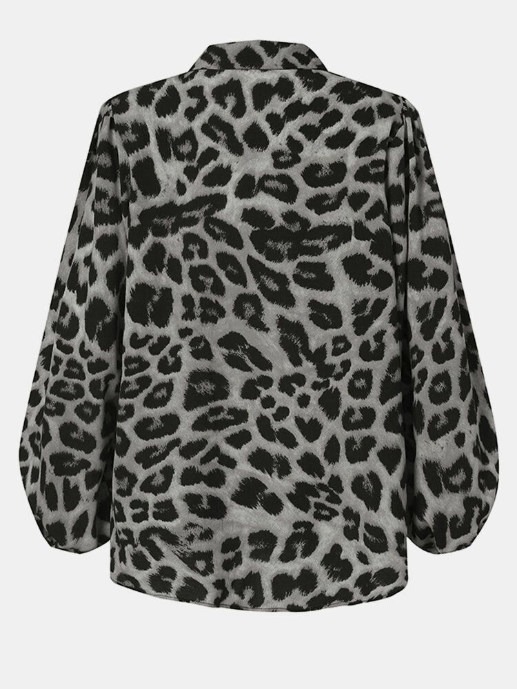 Leopard Print Lantern Sleeve Lapel Button Stylowa Casualowa Bluzka Dla Kobiet