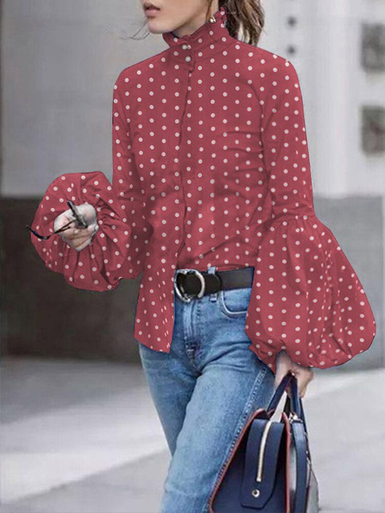 Polka Dot Print Stand Collar Casual Lantern Rękawy Dla Kobiet