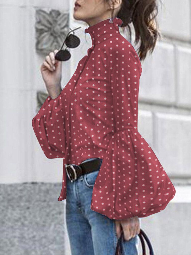 Polka Dot Print Stand Collar Casual Lantern Rękawy Dla Kobiet