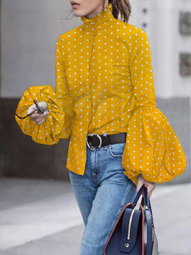 Polka Dot Print Stand Collar Casual Lantern Rękawy Dla Kobiet