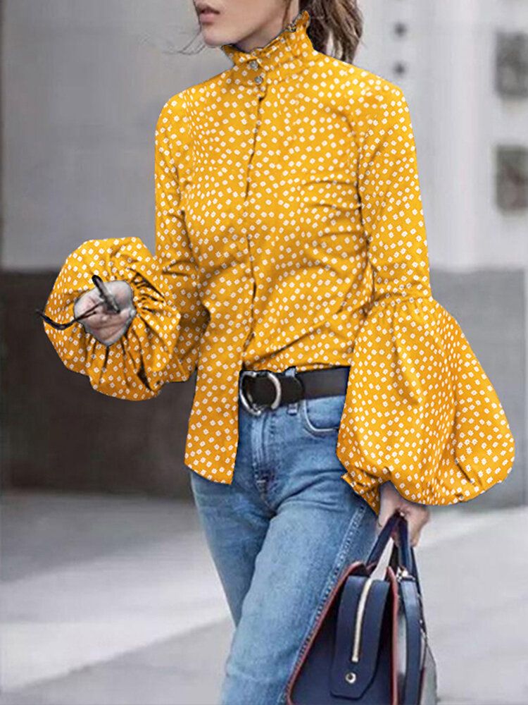 Polka Dot Stand Collar Lantern Sleeve Casual Shirts For Women