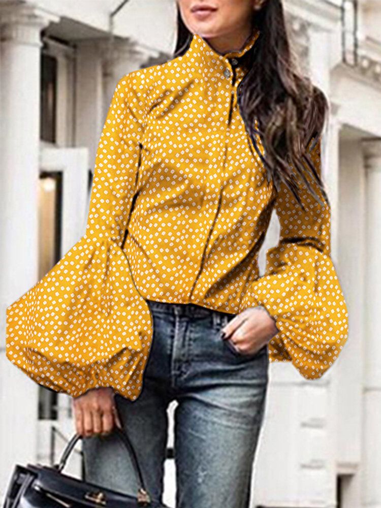 Polka Dot Stand Collar Lantern Sleeve Casual Shirts For Women