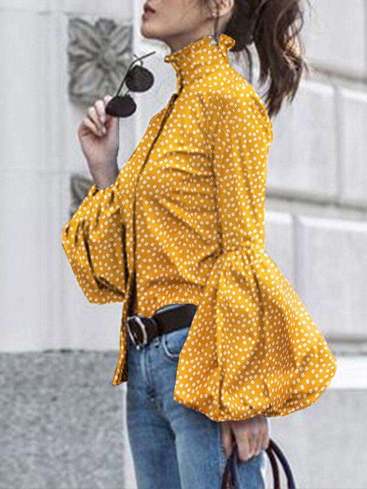 Polka Dot Stand Collar Lantern Sleeve Casual Shirts For Women