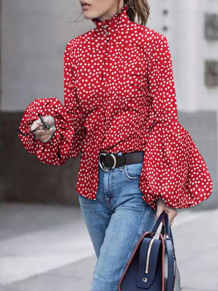 Polka Dot Stand Collar Lantern Sleeve Casual Shirts For Women