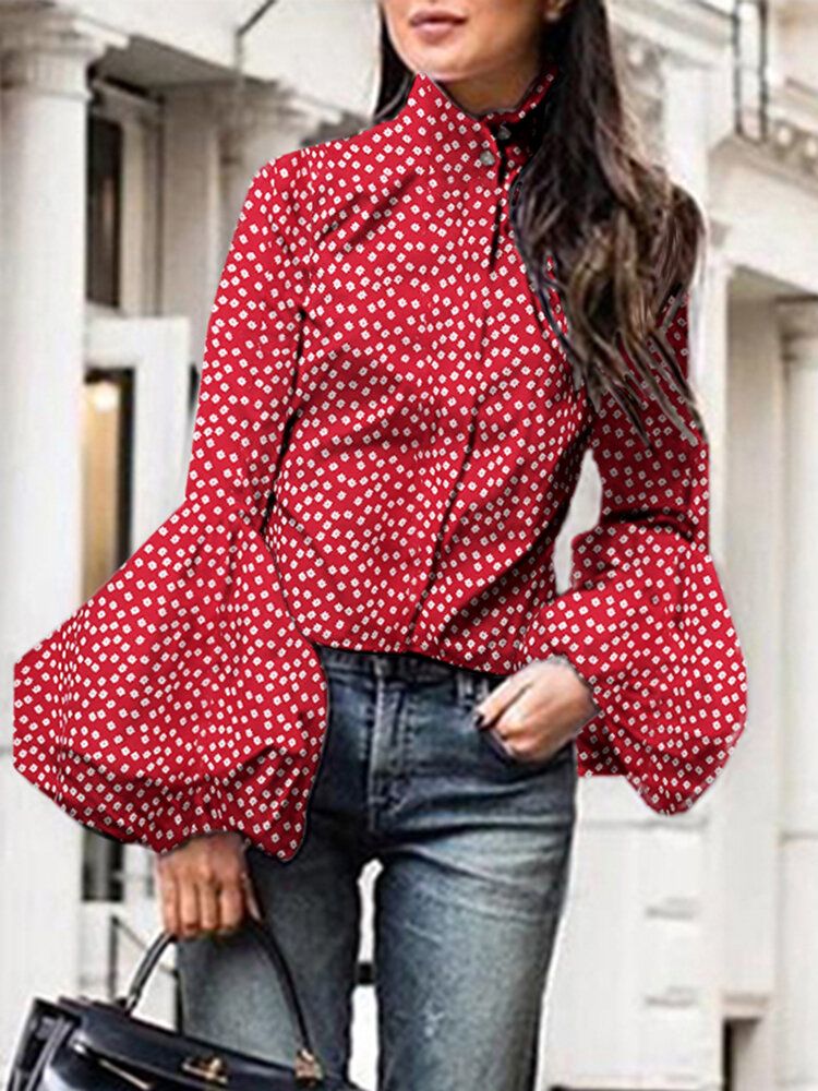 Polka Dot Stand Collar Lantern Sleeve Casual Shirts For Women