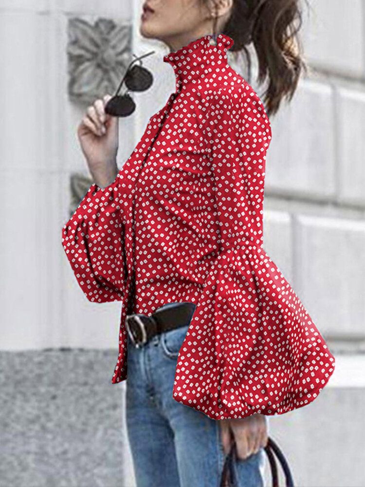 Polka Dot Stand Collar Lantern Sleeve Casual Shirts For Women