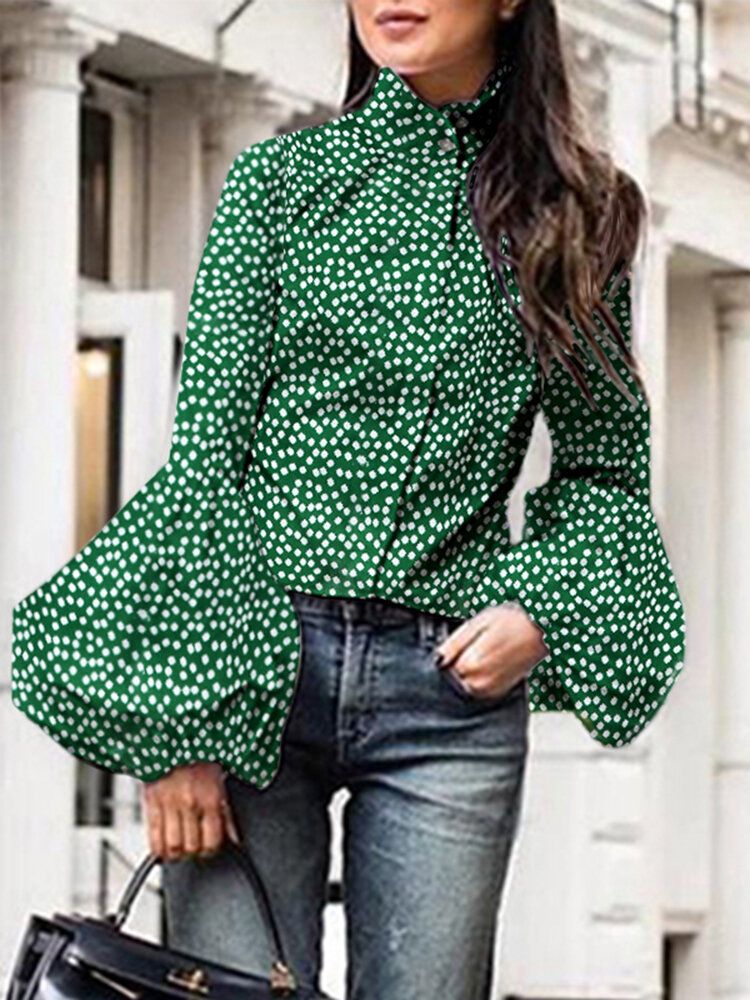 Polka Dot Stand Collar Lantern Sleeve Casual Shirts For Women