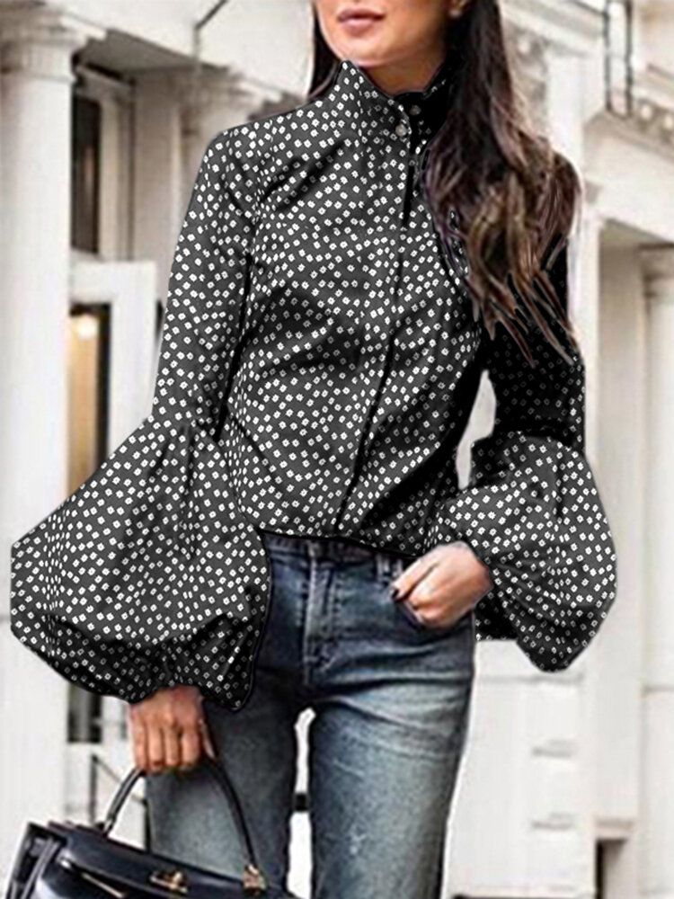 Polka Dot Stand Collar Lantern Sleeve Casual Shirts For Women