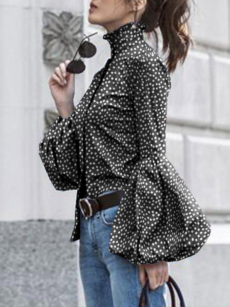 Polka Dot Stand Collar Lantern Sleeve Casual Shirts For Women