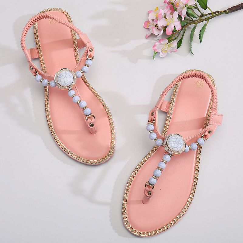 Kobiety Beading Decor Elastyczne Płaskie Slip On Beach Clip Toe Sandały