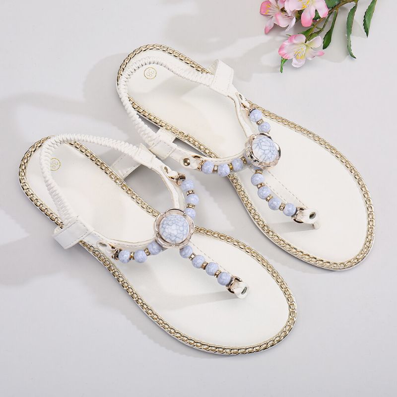 Kobiety Beading Decor Elastyczne Płaskie Slip On Beach Clip Toe Sandały