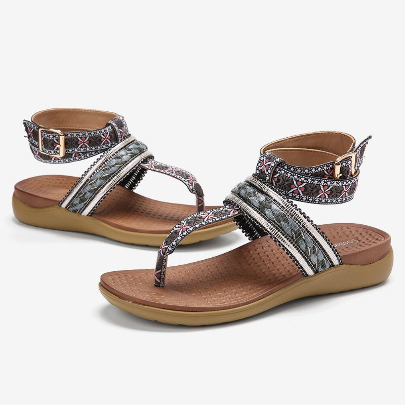 Kobiety Bohemia Ankle Strap Clip Toe Miękka Podeszwa Casual Płaskie Sandały