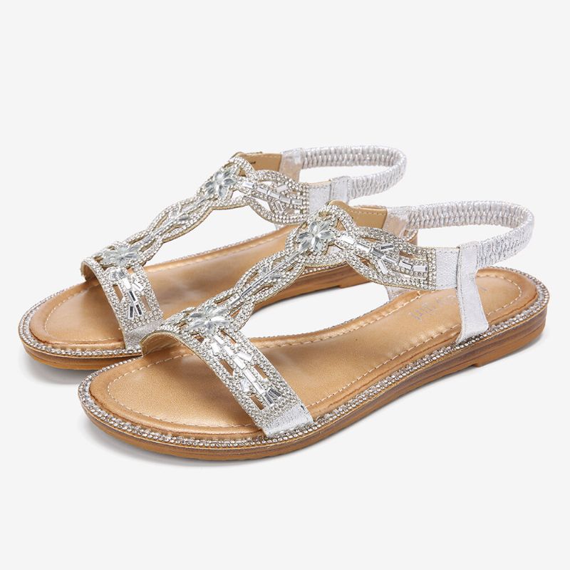 Kobiety Bohemia Rhinestone Hollow Elastyczne Slip On Casual Sandały