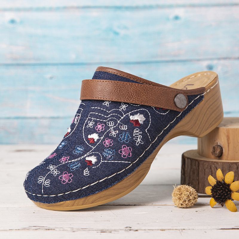 Kobiety Denim Floral Haft Closed Toe Drewniaki Sandały