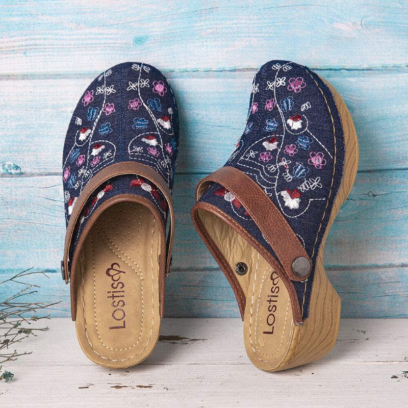 Kobiety Denim Floral Haft Closed Toe Drewniaki Sandały