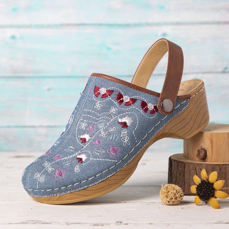 Kobiety Denim Floral Haft Closed Toe Drewniaki Sandały