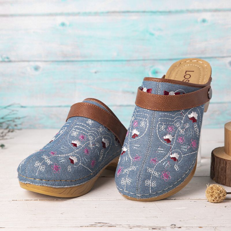 Kobiety Denim Floral Haft Closed Toe Drewniaki Sandały