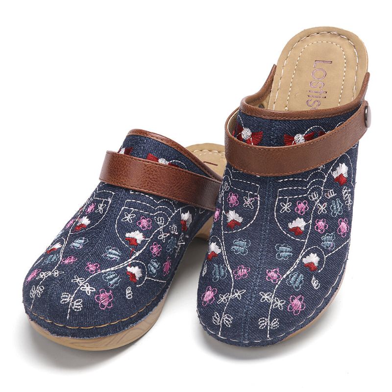 Kobiety Denim Floral Haft Closed Toe Drewniaki Sandały