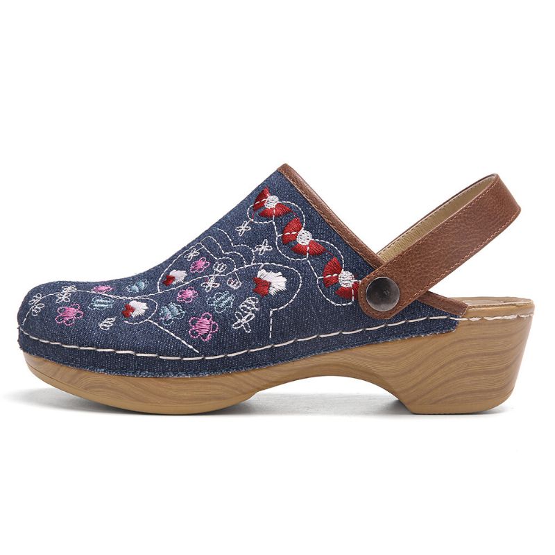 Kobiety Denim Floral Haft Closed Toe Drewniaki Sandały