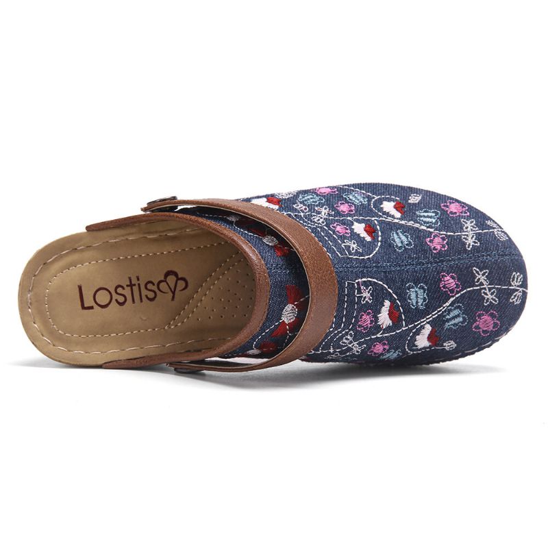 Kobiety Denim Floral Haft Closed Toe Drewniaki Sandały