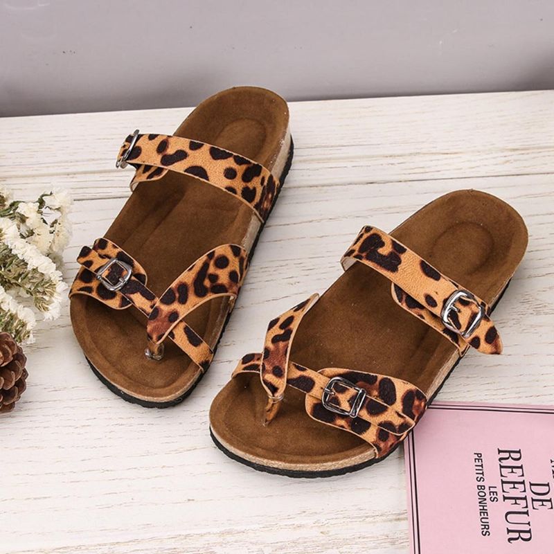 Kobiety Leopard Print Płaskie Toe Pierścień Klamra Pasek Wygodne Sandały Plażowe