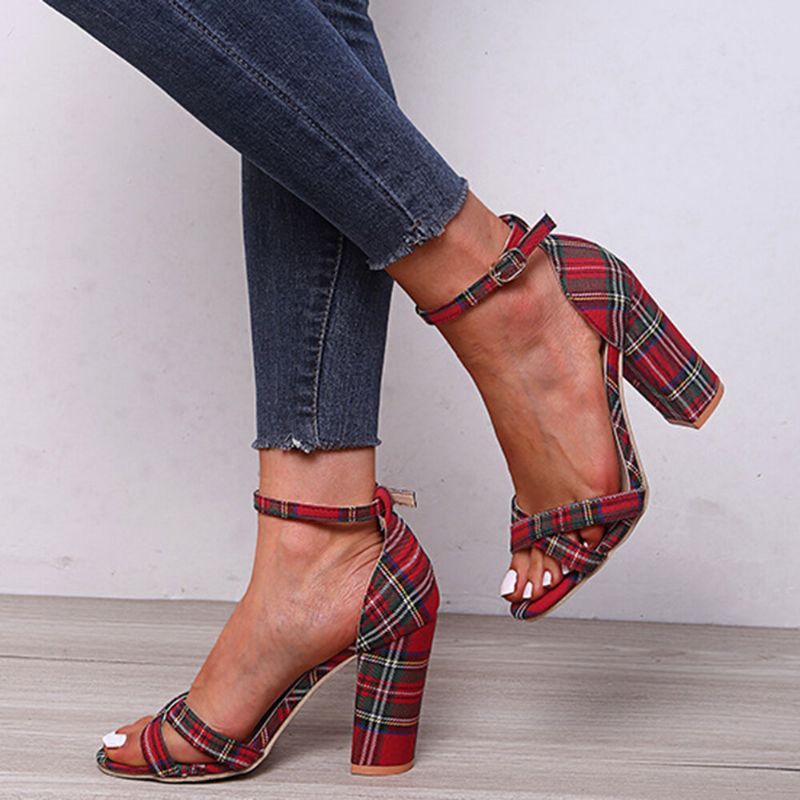 Kobiety Plaid Cross Strap Krata Decor Klamra Sandały Na Wysokim Obcasie