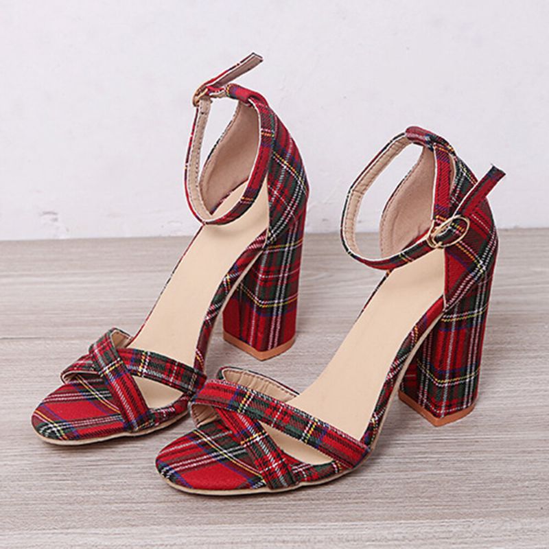 Kobiety Plaid Cross Strap Krata Decor Klamra Sandały Na Wysokim Obcasie