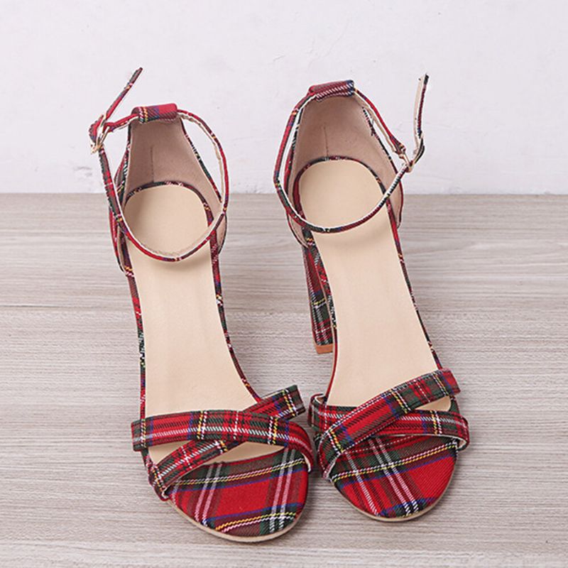 Kobiety Plaid Cross Strap Krata Decor Klamra Sandały Na Wysokim Obcasie