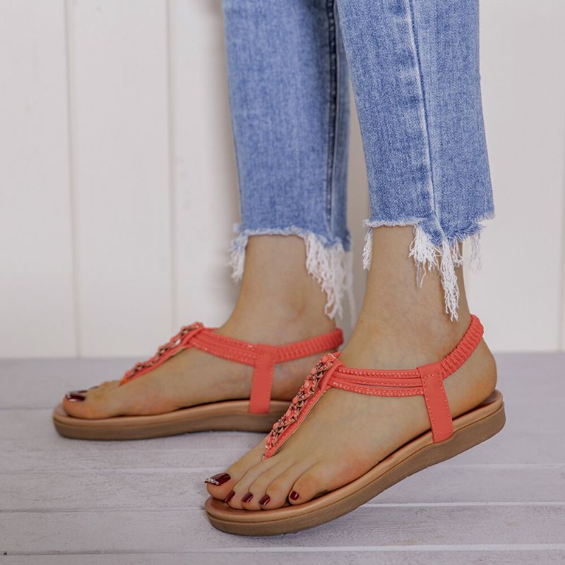 Kobiety T-strap Frezowanie Gumka Slip On Casual Plażowe Letnie Płaskie Sandały