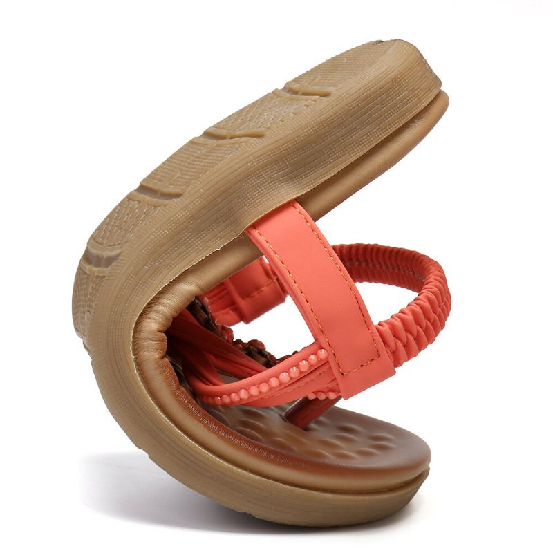 Kobiety T-strap Frezowanie Gumka Slip On Casual Plażowe Letnie Płaskie Sandały