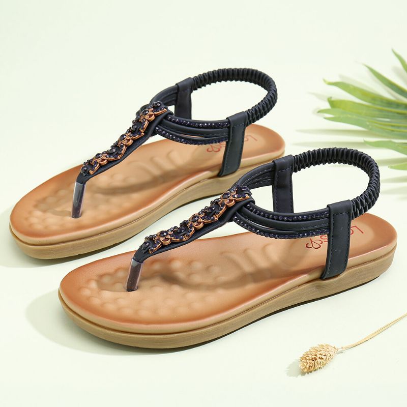 Kobiety T-strap Frezowanie Gumka Slip On Casual Plażowe Letnie Płaskie Sandały